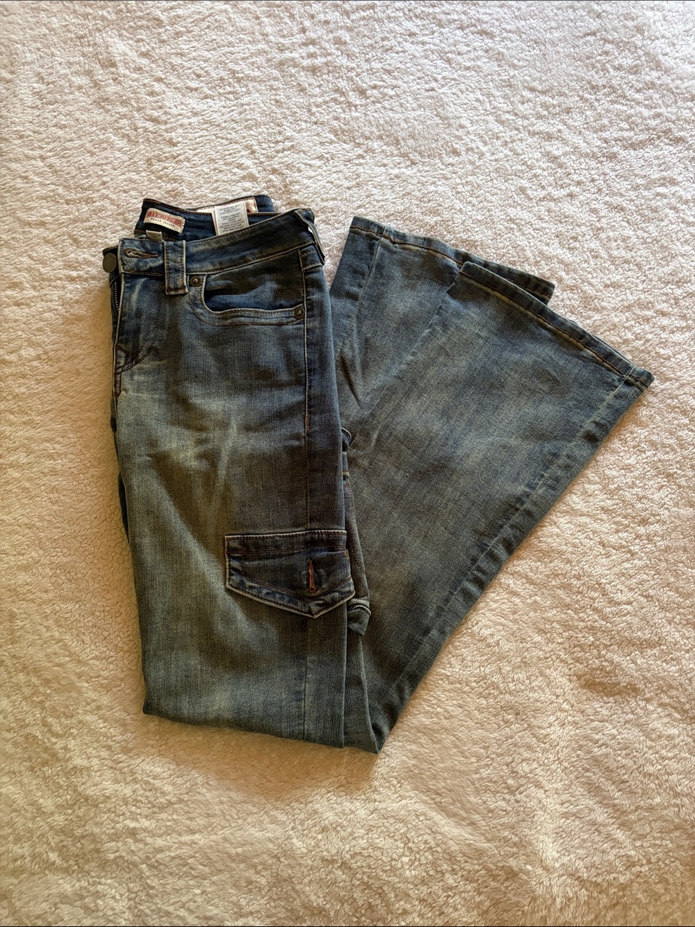 True Religion Cargo Flare Jeans in Faded Blue